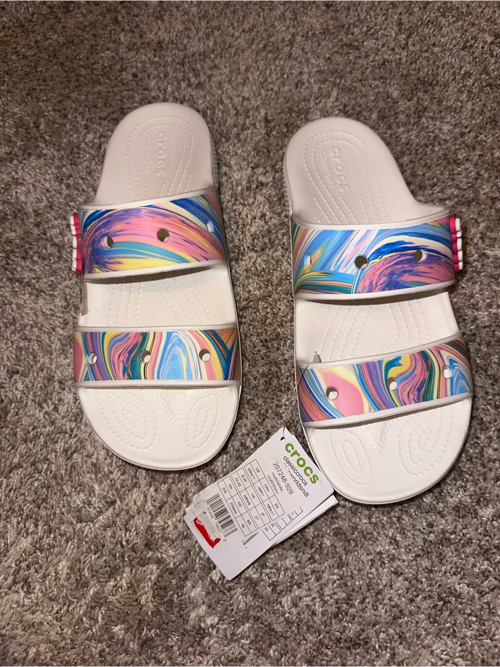 Crocs Women’s White Slide Sandals with Tie Dye Swirl Straps